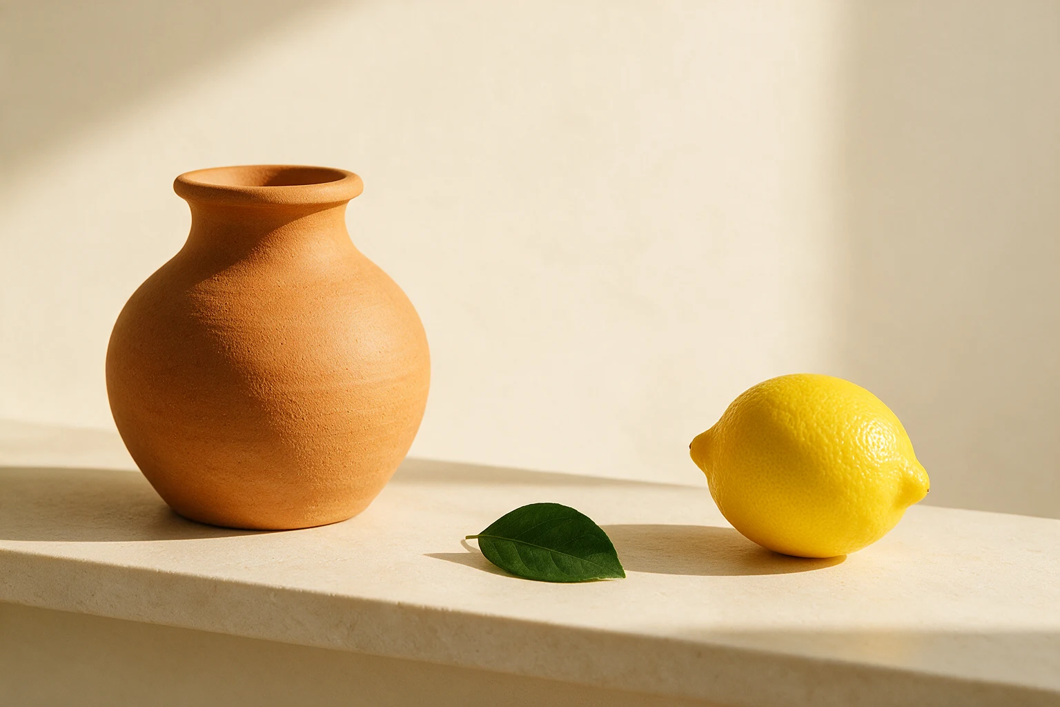 Terracotta vase, lemon and green leaf on a pale stone shelf