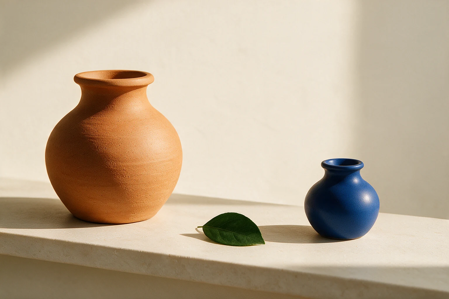 The orange vase and leaf remain; a smaller blue vase replaces the lemon.