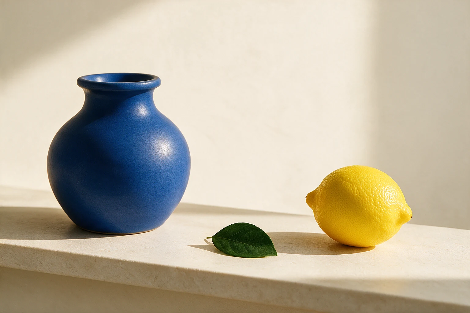 After: The same still life with a cobalt-blue vase and the original lemon and leaf.